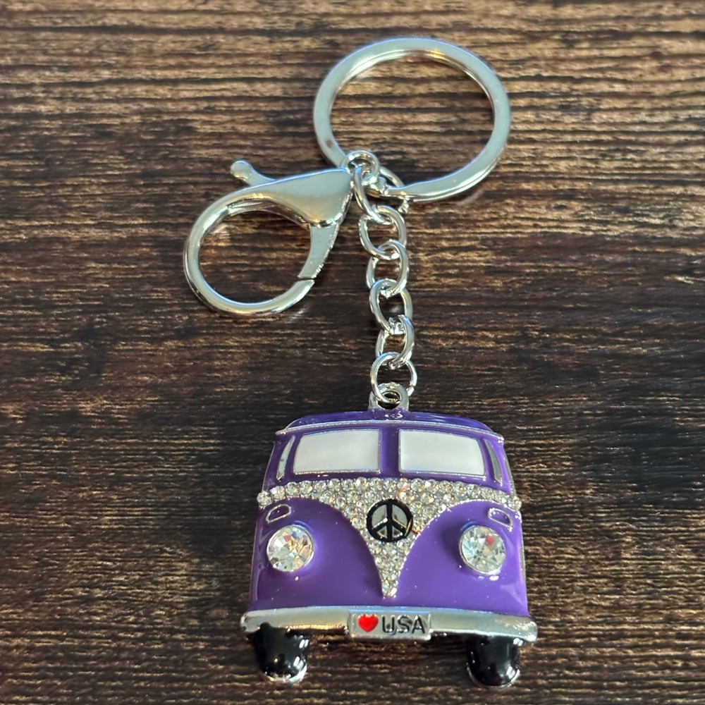 Blossom Purple Enamel Hippie Van Keychain Peace Sign Rhinestone Retro Bus